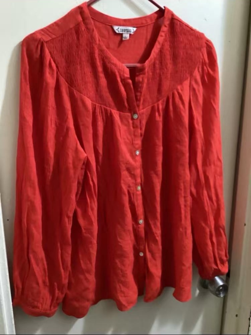 Esprit Bright Red Button-Front Smocked Yoke Blouse Sz L